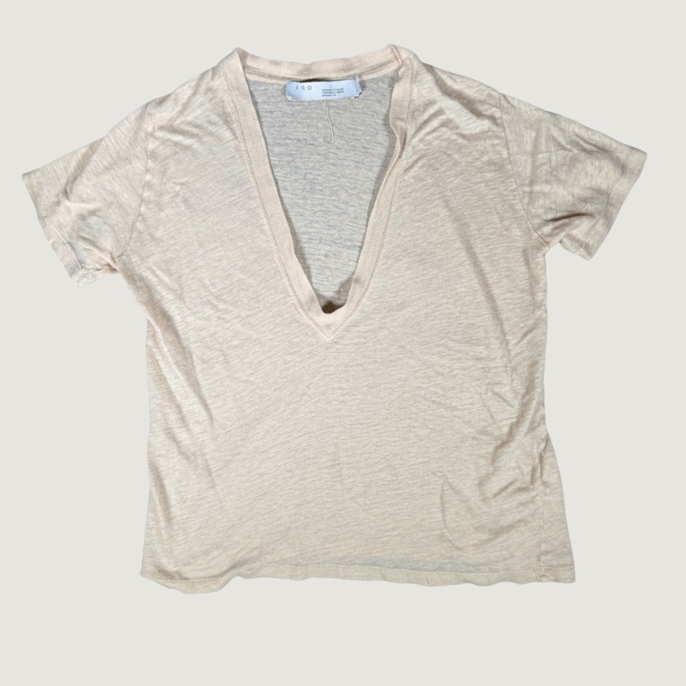 IRO Jahal Beige 100% Linen Deep V-Neck Short Sleeve Slub Tee Shirt Size L